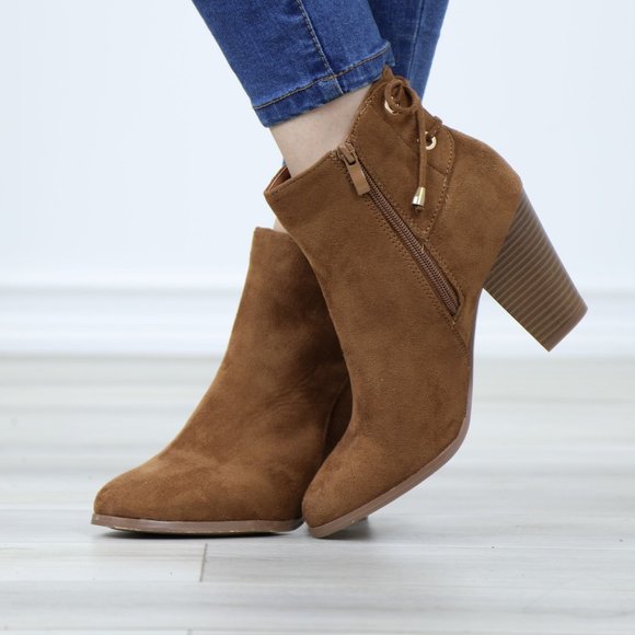 Brown Faux Suede Pointed Toe Low Heel Ankle Boots Back Laces Booties - Picture 8 of 12